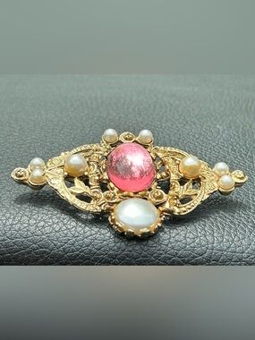 Gold-Tone Pink Cabochon and Pearl Ornate Brooch